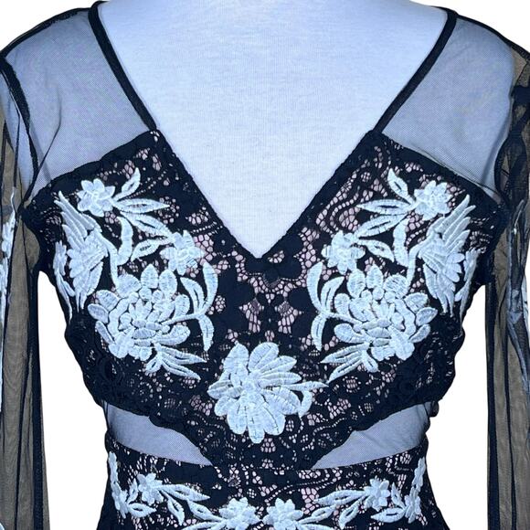 Sugar + Lips Black Sheer Lace Dress with Sheer Cut-Outs & Embroidery XS NWT - Picture 2 of 16
